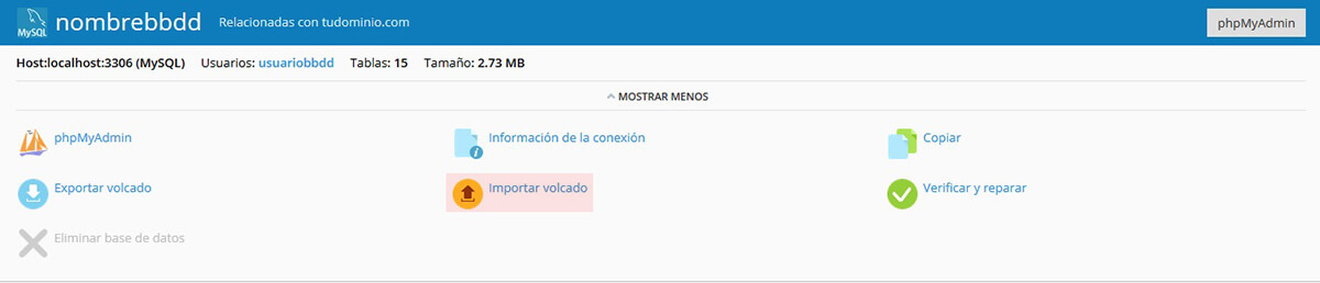 Importar volcado de base de datos