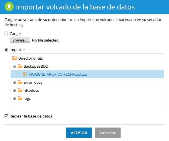 Importar archivo de copia de base de datos