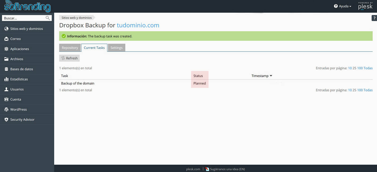 Respaldo del sitio web con panel Plesk y Dropbox